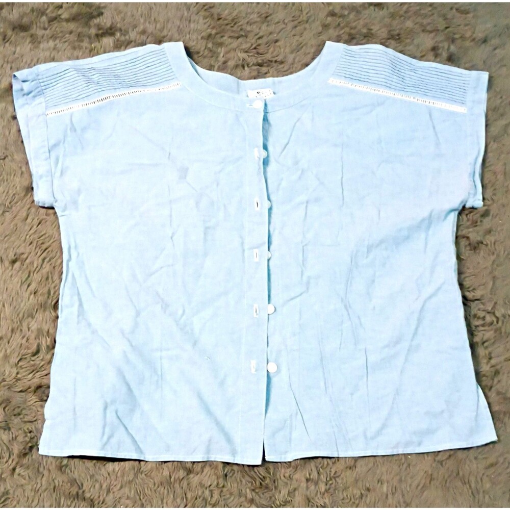 Campus Casuals Blue Cotton Woven Button Front Cap Sleeve Blouse 2XL